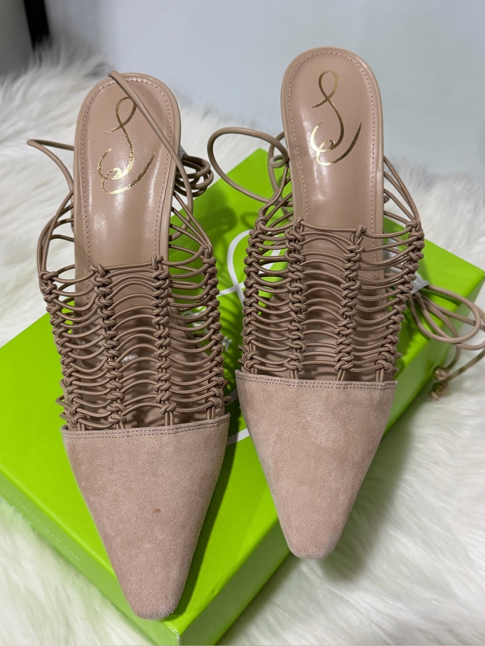 NWT Sam Edelman Trinity Taupe Woven Lace-Up Pointed-Toe Mules heels 9.5